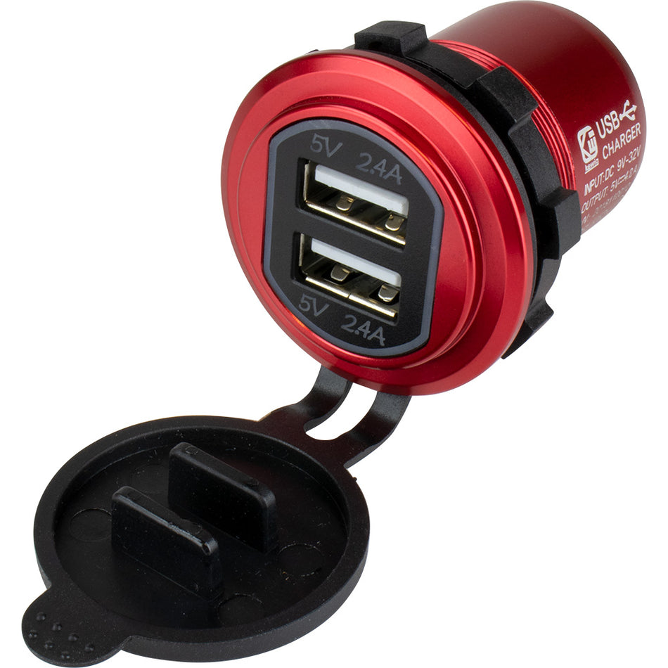 Chargeur double USB rond rouge Sea-Dog avec 1 port de charge rapide + [426504-1]