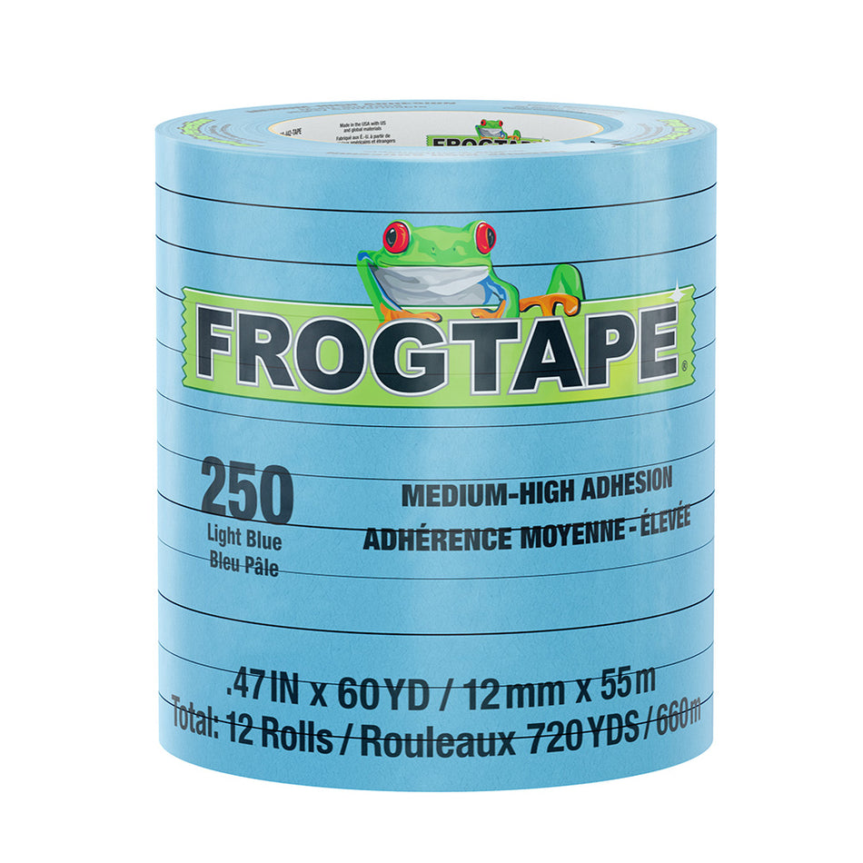 Ruban de masquage à adhérence moyenne-élevée FrogTape CP 250 - 12 mm x 55 m x lot de 12 - Bleu clair - Classé pour 250 °F [105325]