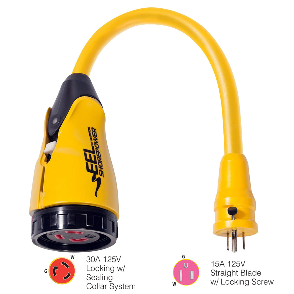 Adaptateur Pigtail Marinco P15-30 EEL 30A-125V femelle vers 15A-125V mâle - Jaune [P15-30]