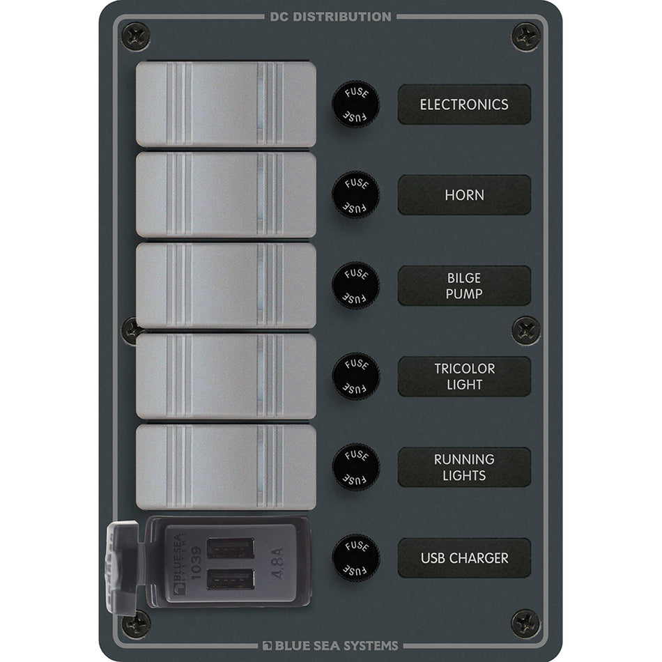 Blue Sea 8121 - Panneau de commutation Contura à 5 positions avec deux chargeurs USB - 12/24 V CC - Noir [8121]