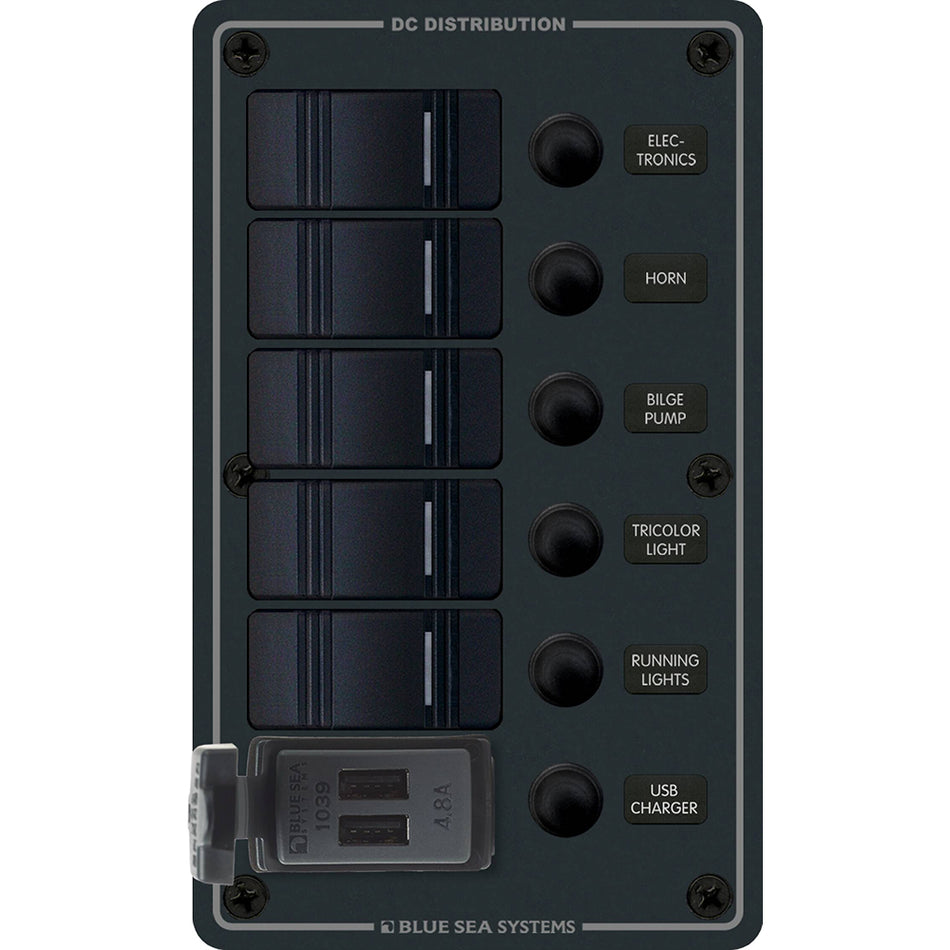 Blue Sea 8521 - Panneau de commutation Contura à 5 positions avec deux chargeurs USB - 12/24 V CC - Noir [8521]